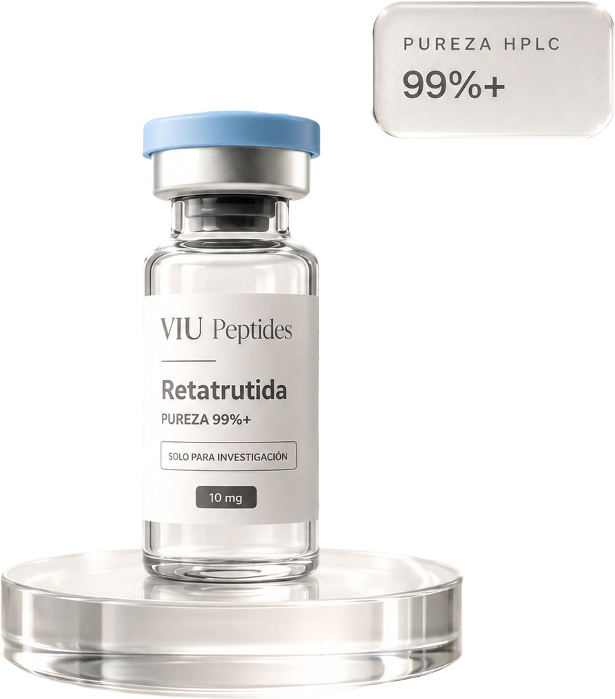 Vial de Retatrutida ViuPeptides 10 mg, pureza 99%+ para investigación